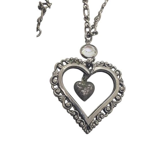 Vintage Puffy Heart Necklace Silver Filigree Ornate Openwork Swarovski Crystal - Picture 1 of 9